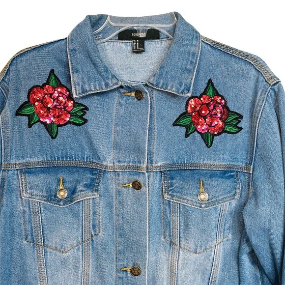 F21 Rose Sequin Blue Denim Jean Jacket Size Medium - Picture 2 of 8